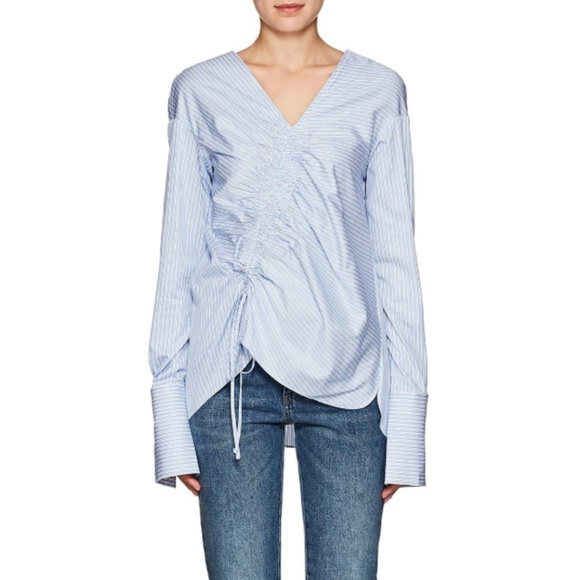 Teija Women's Blue Smocked Striped Cotton Blouse - Picture 7 of 8